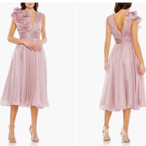 MAC DUGGAL 70173 ROSETTE ONE SHOULDER TEA LENGTH ROSE MIDI DRESS sz 10